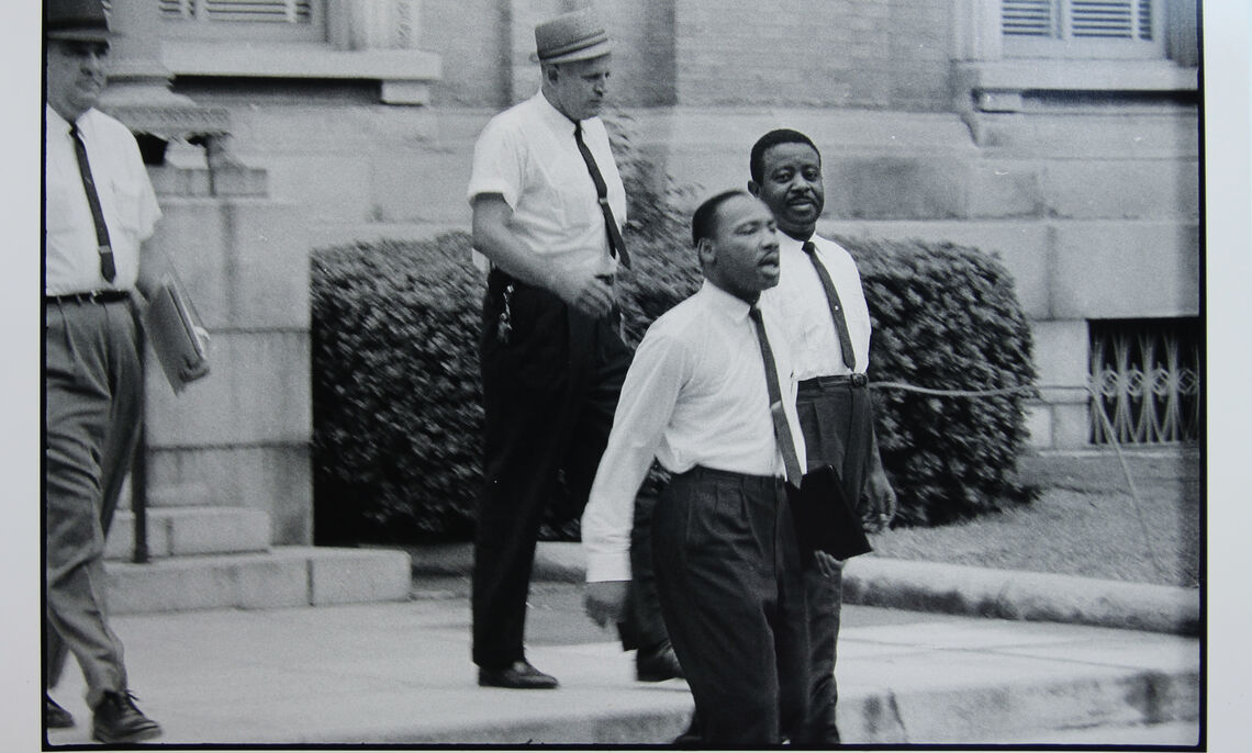 Danny Lyon (America, b. 1942). Dr. Martin Luther King, Jr. and Reverend Ralph Abernathy are escorted back to jail in Albany, Georgia, 1962. Gelatin silver print, printed later, 11 x 14