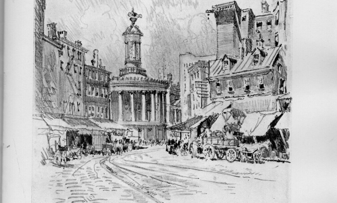 Illustration of Dock Street and Phiadelphia's Exchange as it appeared in the late 19th century.