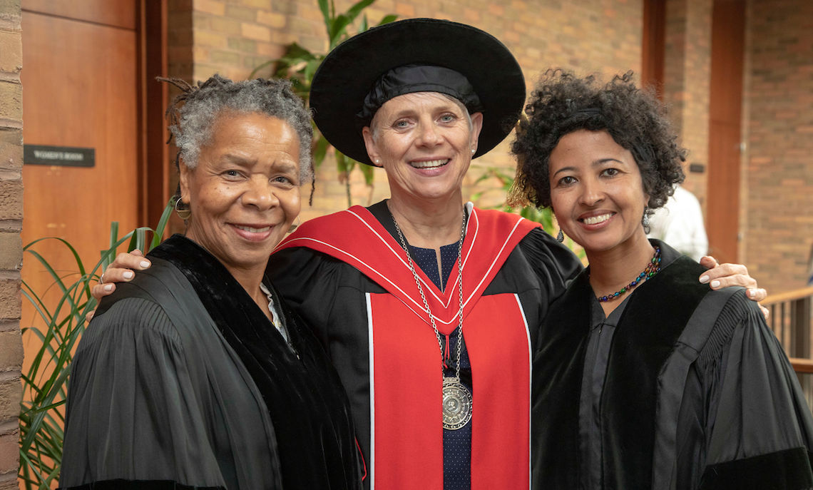 F&M President Barbara K. Altmann with honorary degree recipients Bebe Miller, left, and Dr. Rahel Nardos '97.