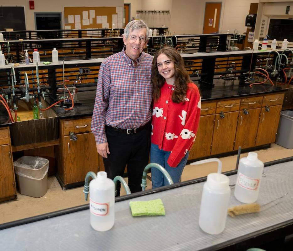 Professor of Chemistry Marcus Thomsen and Sara Beqiraj ’25