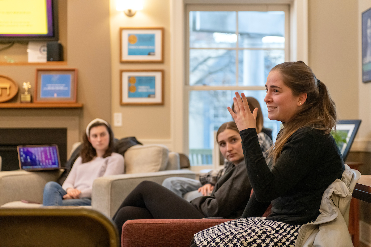 Students frequently meet in the welcoming lounge of the Klehr Center for Jewish Life to have meaningful interfaith discussions.