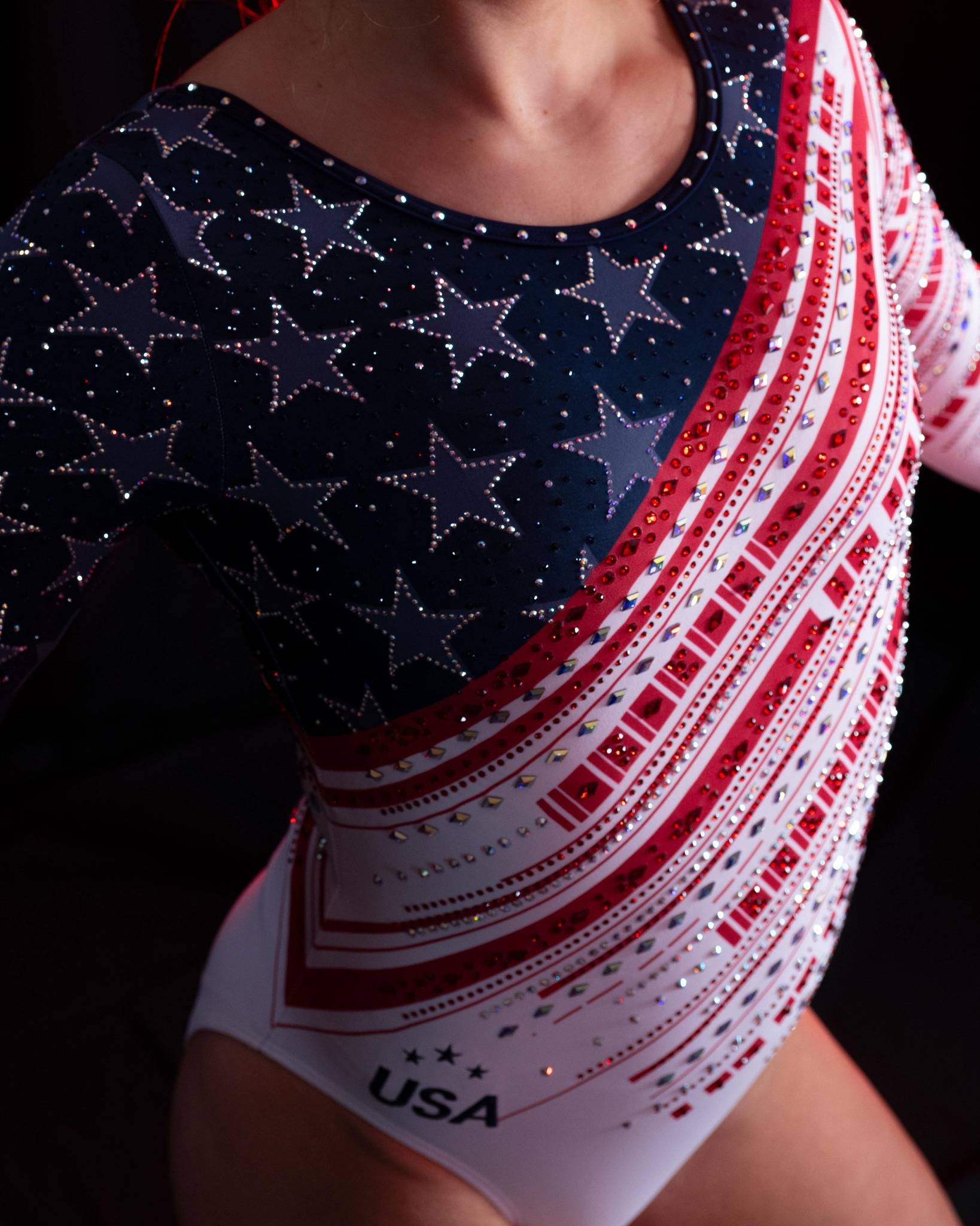 Swarovski crystals adorn a Team USA Olympic gymnast leotard by GK Elite. All photos courtesy of Matt Cowan and GK Elite.