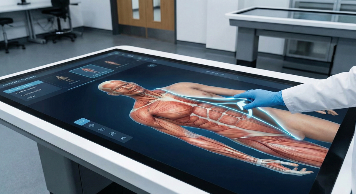 In this simulated image, a student manipulates an anatomical model to explore human physiology.