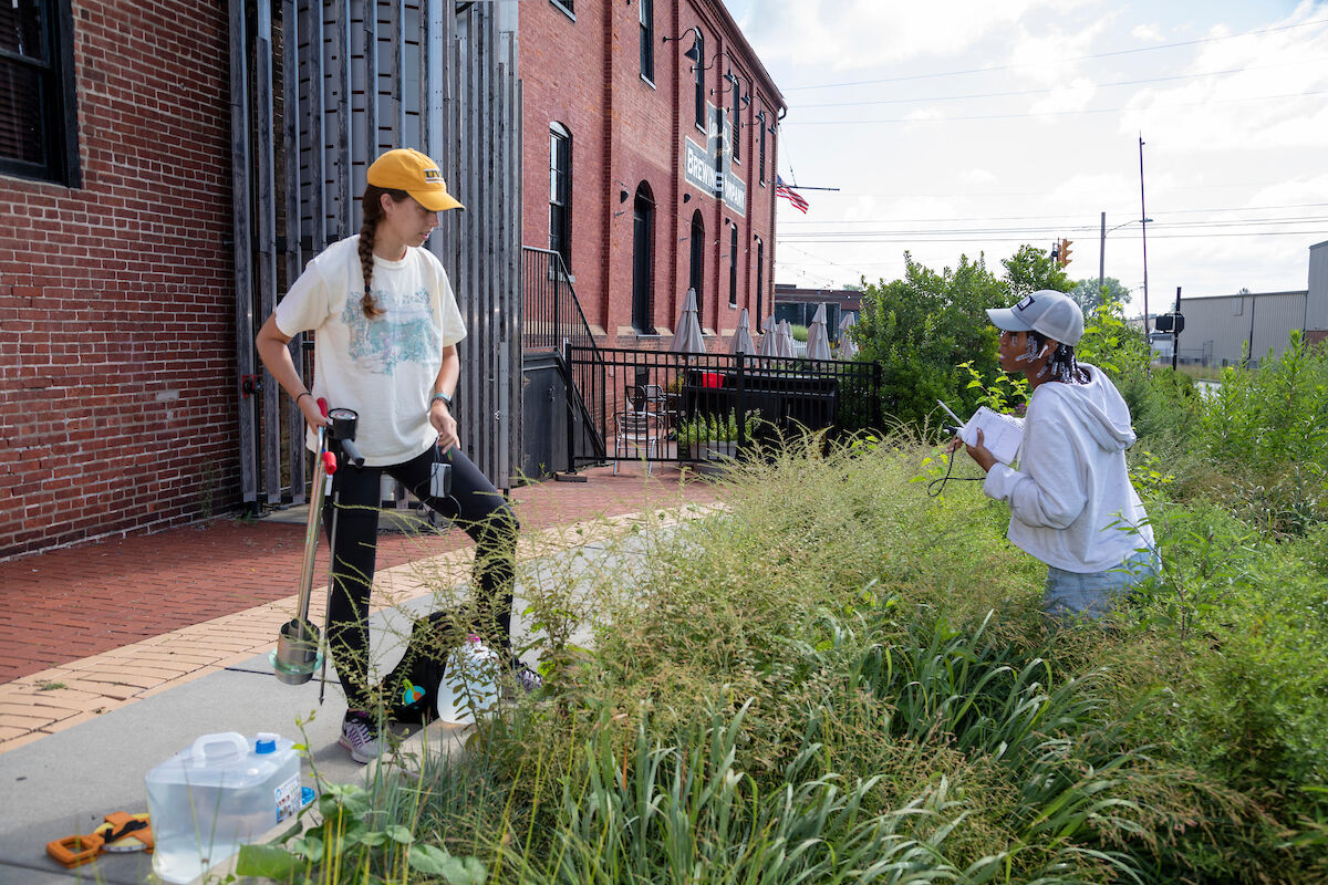 Students in an ecohydrology lab collect data from rain gardens outside Lancaster Brewing Company in Lancaster City as part of a comprehensive study.
