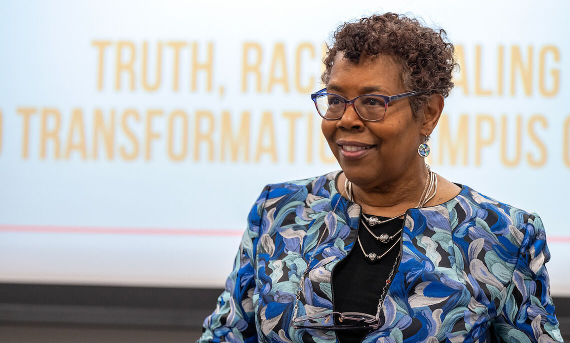 Gretchel Hathaway, F&M's vice president for diversity, equity and inclusion, speaks at a racial healing circles training event on campus.