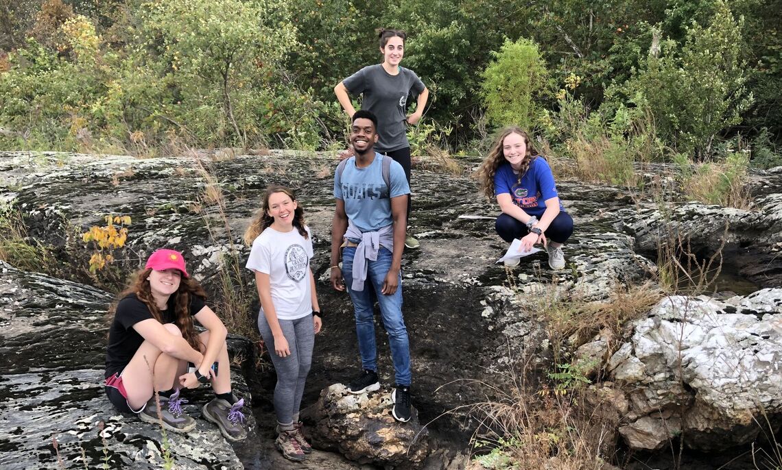 Jevelson Jean '21 (center) with classmates at Holtwood Gorge in Lancaster, PA during class fieldwork in October 2019.