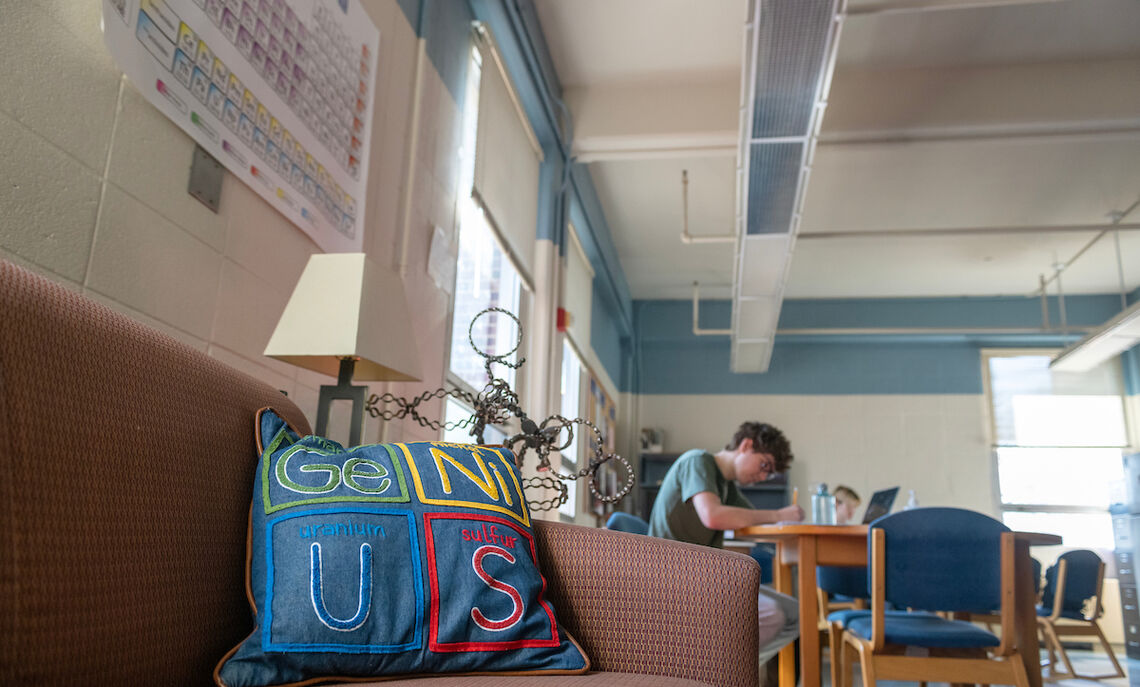 The chemistry lounge in Hackman Physical Sciences Laboratories offers respite from the rigors of lab work.