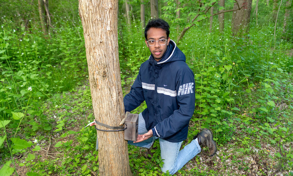 Vyas Agarwal '23 adjusts a trail camera used for field research at Spalding Conservancy.