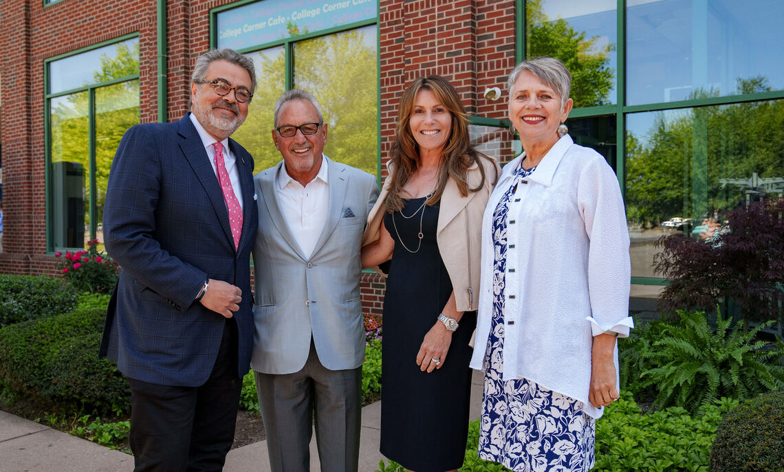 From left, F&M Board of Trustees Chair Eric Noll '83, P'09, Sam Lombardo, Dena Lombardo and F&M President Barbara K. Altmann celebrate the beginning of construction for the Samuel N. and Dena M. Lombardo Welcome Center.