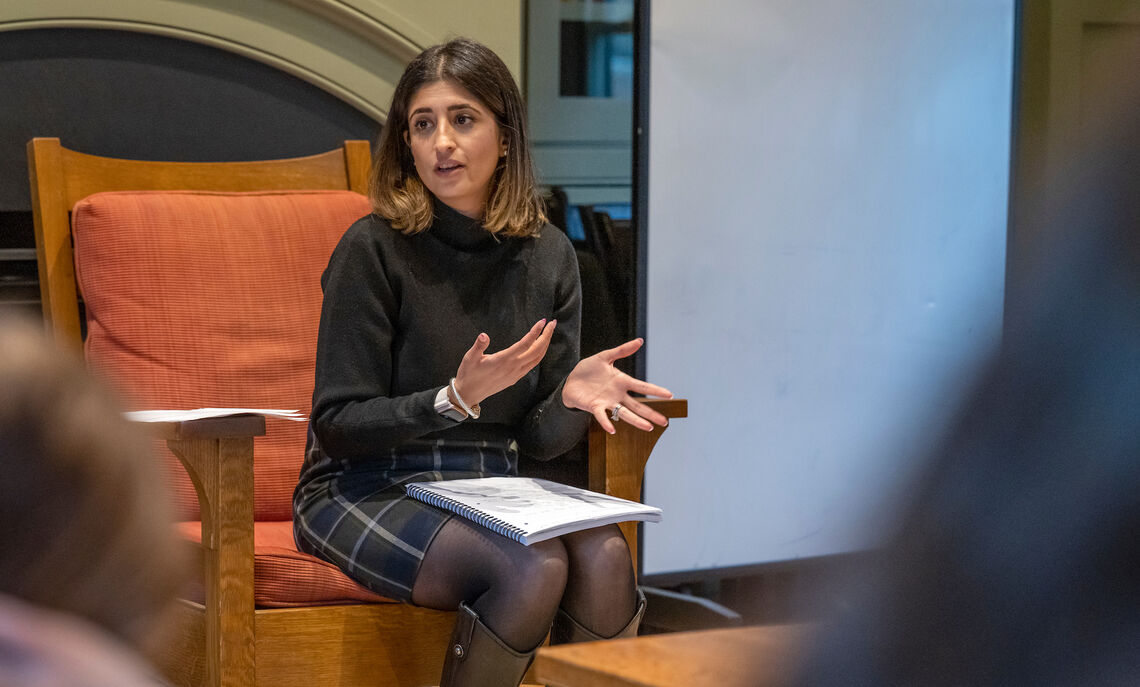 Sana Rafi '06 discusses how her personal experiences informed the narratives of her two children's books during a talk at the Philadelphia Alumni Writers House in October 2022.