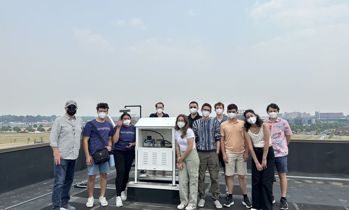 During one of the Canadian wildfire days: Walter, Nawar, Abo El-Magd and students working on ground water and riparian stream restoration projects that use the air sampler.