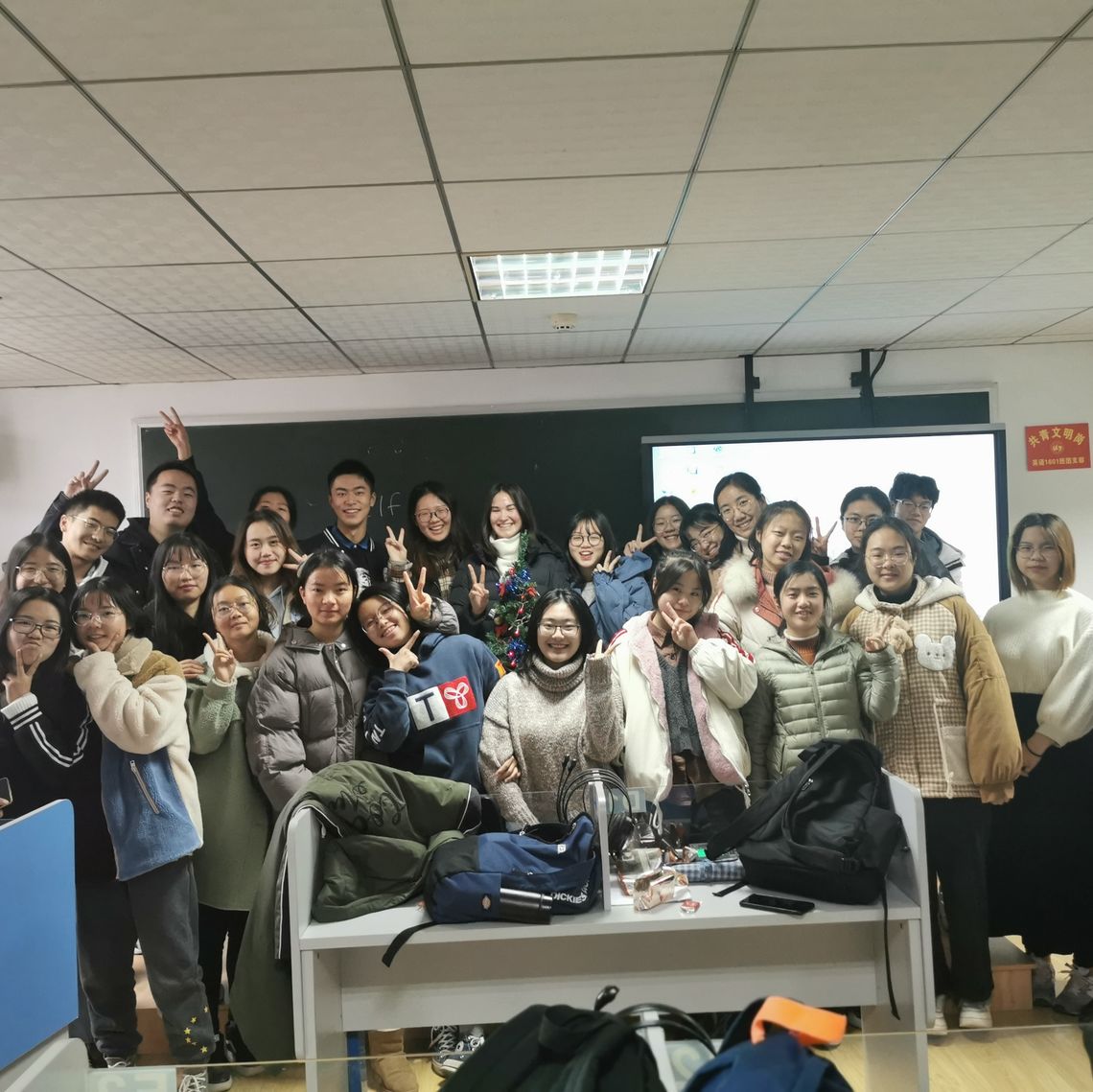 Chappell with Wuhan University of Technology students on their last day of fall class.