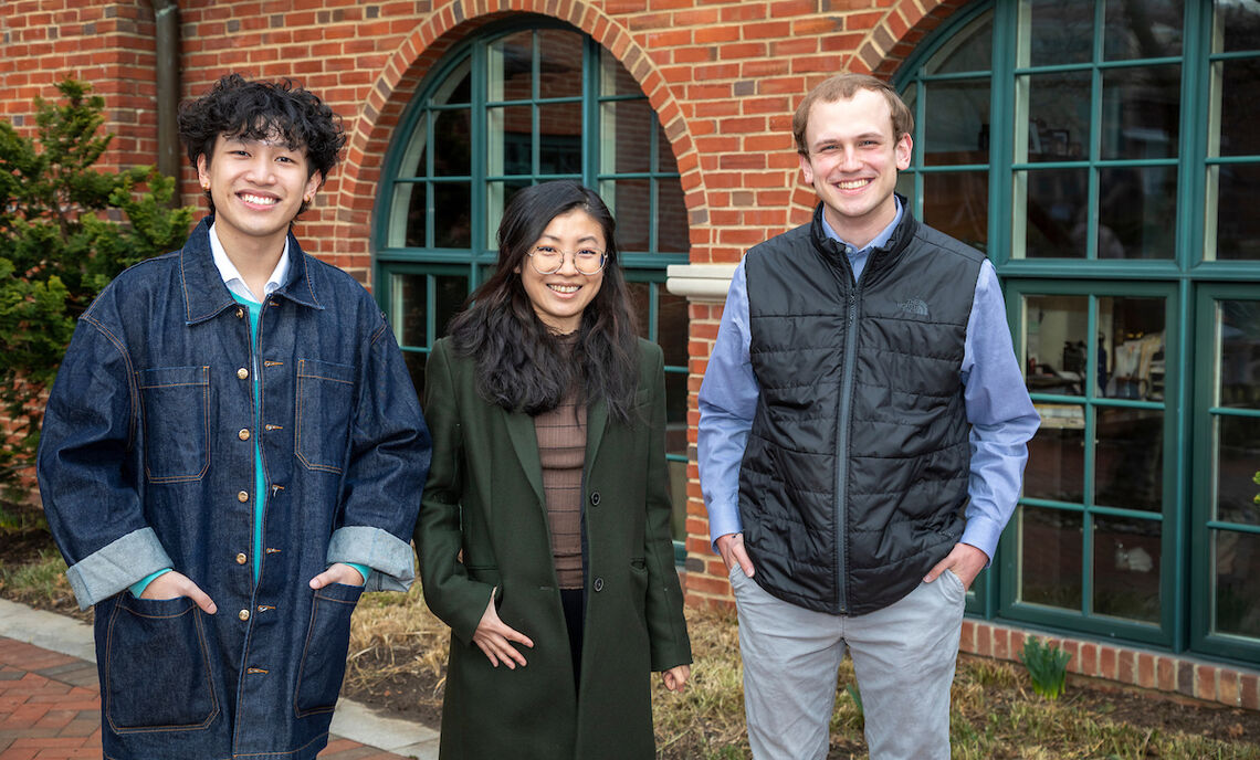 Novelist Weike Wang (center) selected Jeremy Mauser '22 (right) as the winner of this year's Jerome Irving Bank Memorial Short Story Prize. Runner-up honors went to Vincent (Minh) Pham '25 (left).