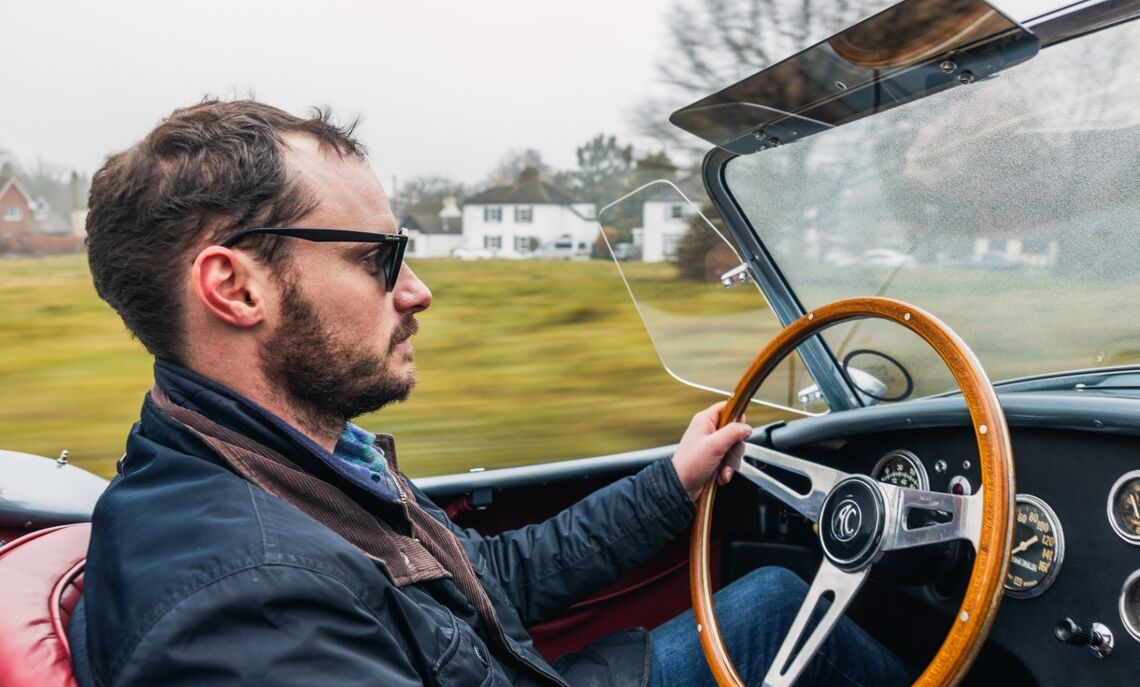 Greg Duckloe '13 driving a Shelby 289 Cobra in Surrey, U.K.