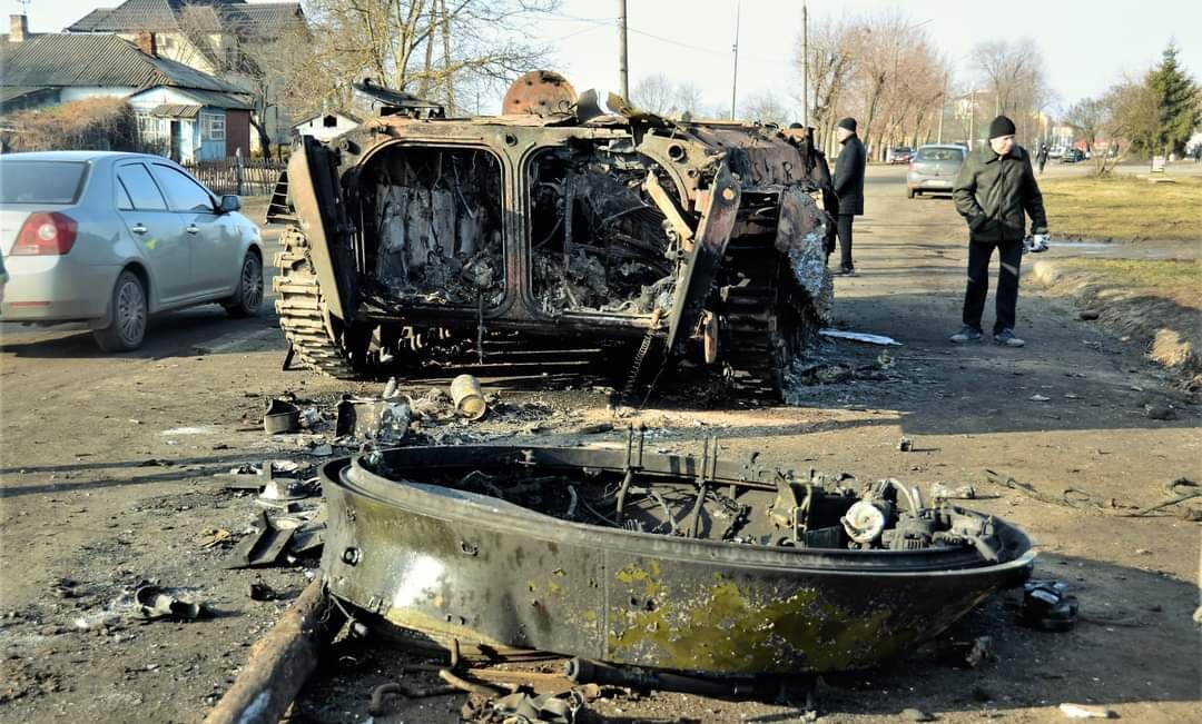 A wrecked tank at the "Battle of Konotop," Feb. 25, 2022.