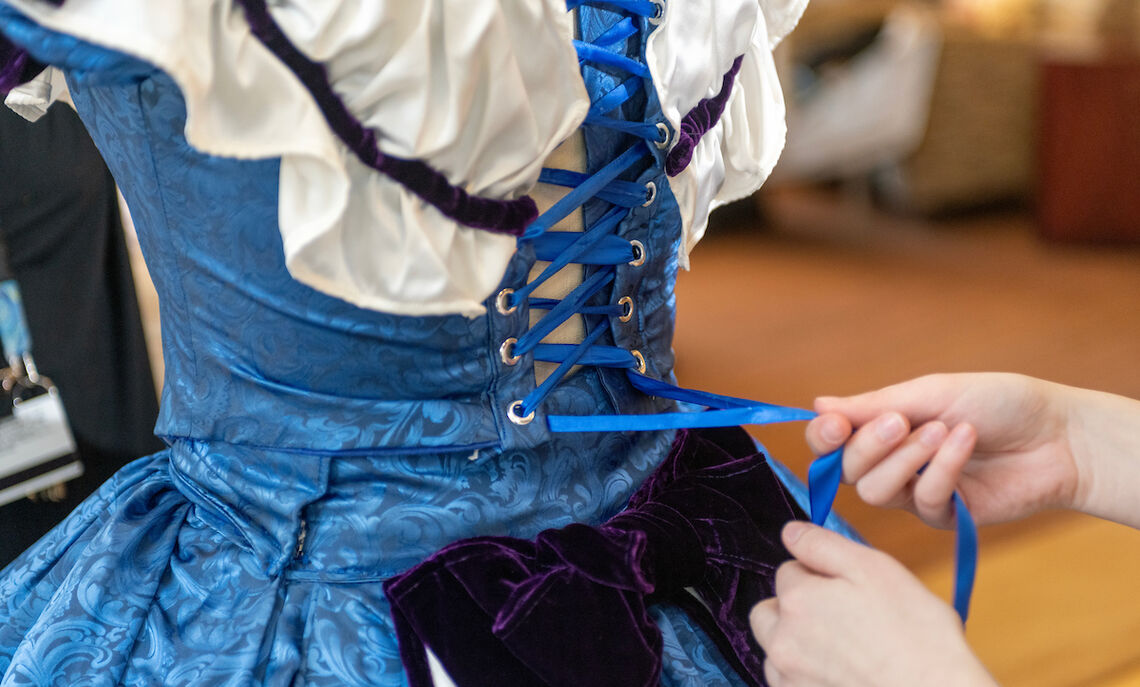 Rachel Sheffield '20, lead interpreter and historic clothing coordinator at First State Heritage Park in Dover, Del., presented her designs to students in Brooks College House.