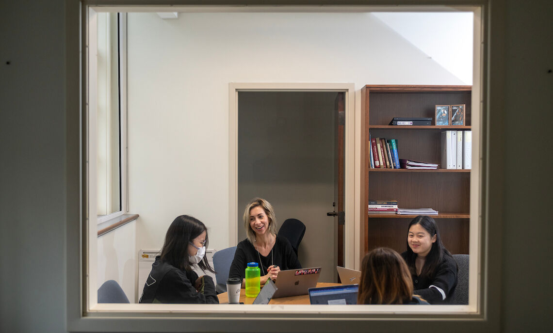 Elena Cuffari, assistant professor of psychology & scientific philosophical studies of mind, meets with students to discuss Zoom gesturing research.