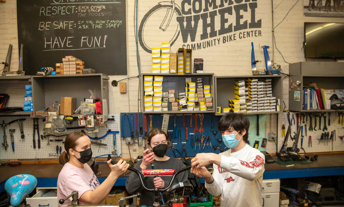 Students volunteer at The Common Wheel on Wednesday evenings during the spring semester. Each year, the nonprofit collects and refurbishes bikes to donate to Lancaster youth.