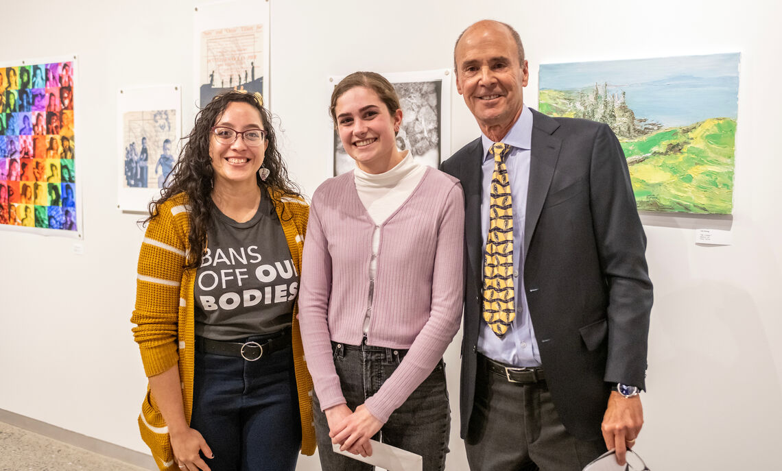 Winter72 Student Art Show exhibition judge Salina Mayloni Almanzar-Oree 13, grand prize winner Therese Watkins 23 and Doug Winter 72.