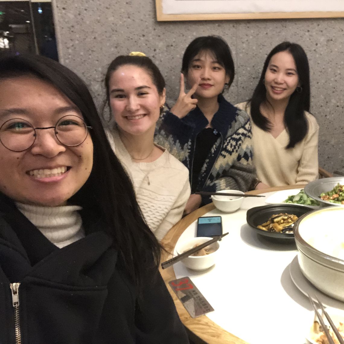 Dinner in Wuhan with friends, including Amy, a Hong Kong Princeton in Asia Fellow, and Polly and Tanila, two upperclassmen at Wuhan University of Technology.